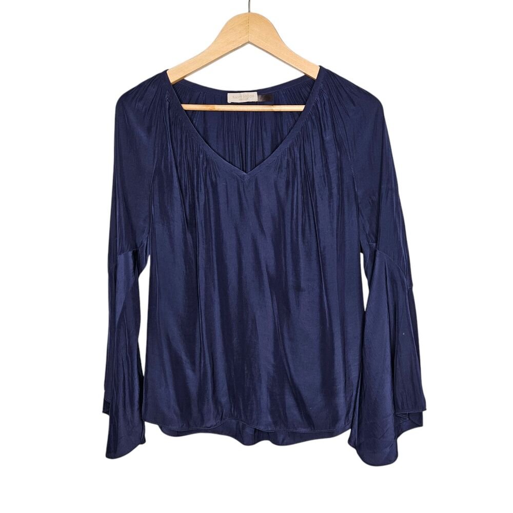 RAMY BROOK V-Neck Bell Sleeve Blouse XS Relaxed Fit Navy Blue Boho Whimsy